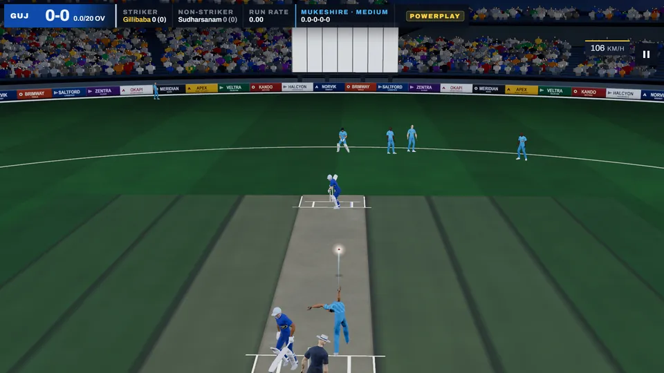 Cricket Red gameplay: a bowler delivers at 106 km/h, seen from behind the stumps in a floodlit stadium.