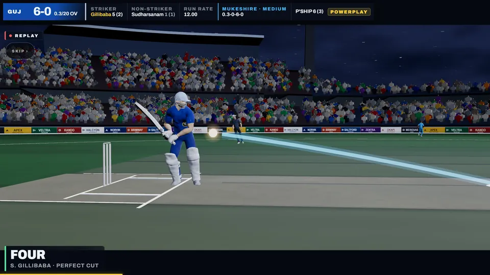 Cricket Red gameplay: a batter plays a cut shot for four, with the ball trail and the live scoreboard on screen.