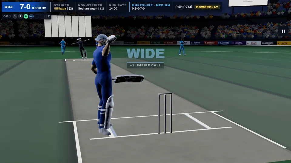 Cricket Red gameplay: the batter leaves the ball and the umpire signals a wide.